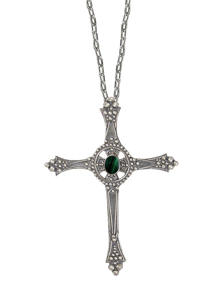 Sterling Silver Baroque Cross Pendant With Malachite